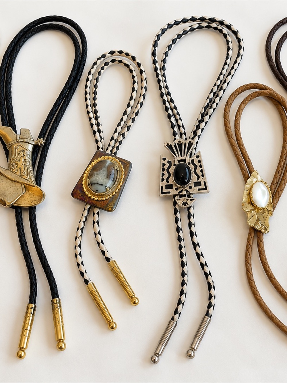 Western-Inspired Black and White Bolo Tie with Black Stone Accent